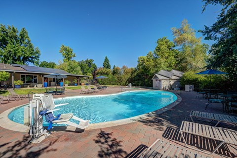 A pool surrounded by lounge chairs and umbrellas.