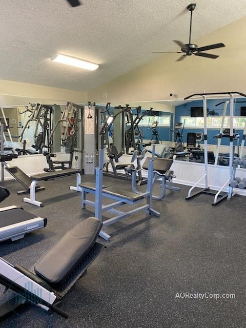 A gym with a variety of equipment including weights and a bench.