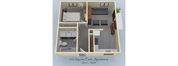 A 3D floor plan of a 570 square feet apartment with one bed and one bath.