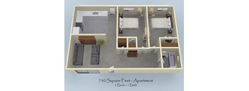 A 3D image of a 750 square feet apartment with two bedrooms and one bath.