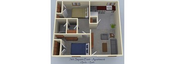 A 3D image of a 785 square feet apartment with two beds and one bath.