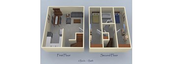 A diagram of a two-story apartment with two bedrooms and one bathroom.