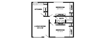 A floor plan of a small apartment with a living room, kitchen, and two bedrooms.