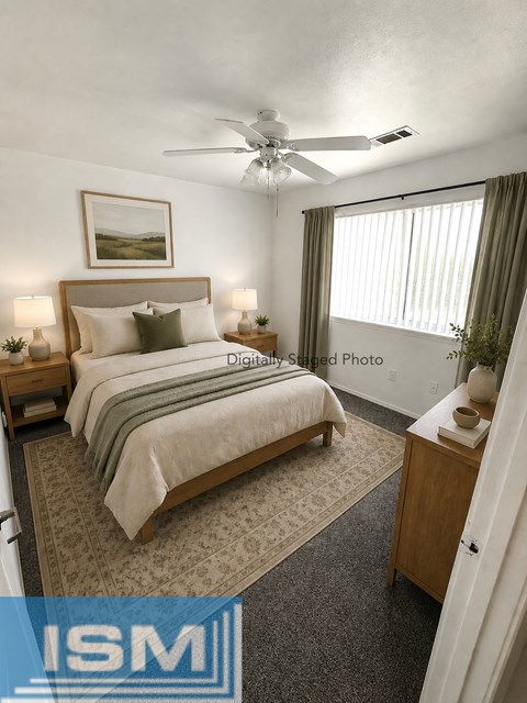 A bedroom with a bed, nightstands, and a ceiling fan.