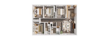 A 3D floor plan of a house showing a kitchen, living room, and two bedrooms.