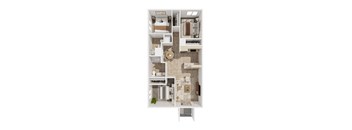 A top-down view of a small apartment with a kitchen, living room, and bathroom.