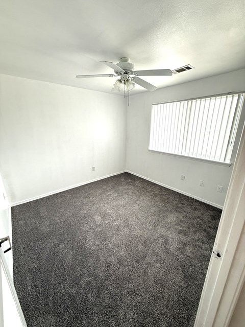 A room with a ceiling fan and carpeted floor.