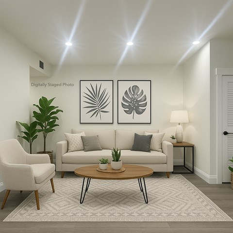 A living room with a couch, chair, and two framed pictures on the wall.