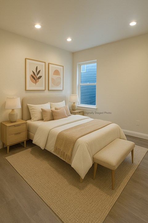 A bedroom with a large bed and two lamps.
