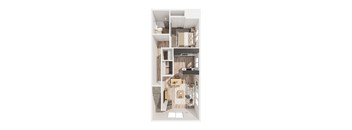 A top-down view of a small apartment with a kitchen, living room, and bathroom.