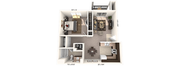 A 3D floor plan of a house showing a living room, kitchen, and two bedrooms.