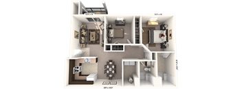 A 3D floor plan of a small apartment with a kitchen, living room, and bedroom.