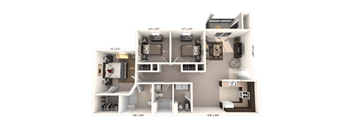 A 3D rendered image of a house layout with dimensions.