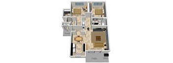A floor plan of a house with a living room, dining room, kitchen, and bathrooms.