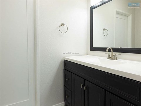A bathroom with a white sink and a mirror.