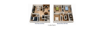 Two 3D floor plans of a Cedar Park apartment.