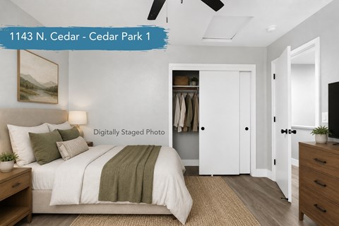 Digitally staged bedroom with walk-in closet and en suite at Cedar Park Apartments, California