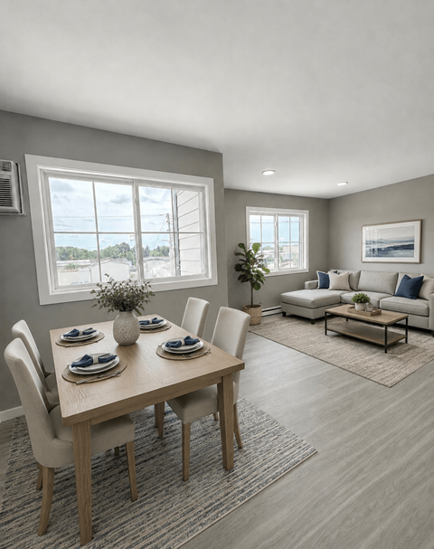 A dining room with a table set for four and a couch in the background.
