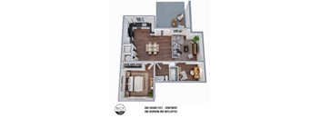A floor plan of a 806 square feet apartment with one bedroom, one bath, and office.