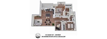 A floor plan of a 1213 square foot apartment with two bedrooms, two bathrooms, an office, an island, and a balcony.