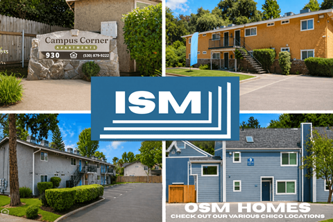 Collage of apartment exteriors and community signage at OSM Properties Homes & Apartments, Chico, CA 95926