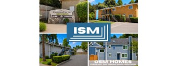 A collage of images showcasing different apartment complexes with the logo of ISM Homes in the center.