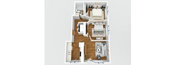 A top down view of a small apartment with a kitchen, living room, and two bedrooms.