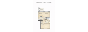 A floor plan of a 1 bedroom, 1 bathroom apartment that is 707 square feet.