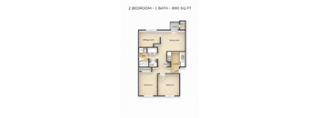 A floor plan of a 2 bedroom, 1 bathroom apartment that is 890 square feet.