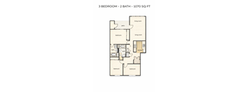 A 3 bedroom, 2 bathroom apartment is 1070 square feet.
