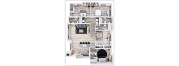 A top-down view of a modern apartment layout with a kitchen, living room, and bedrooms.