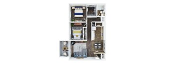 A top-down view of a small apartment with a bedroom, living room, kitchen, and bathroom.