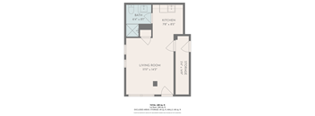 A floor plan of a one bedroom apartment with a living room, kitchen and bathroom.