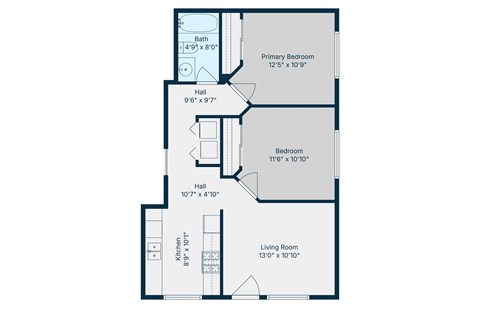 A two bedroom one bathroom floorplan with washer and dryer connections, livingroom and kitchen