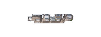 A floor plan of a house with a kitchen, living room, and two bedrooms.