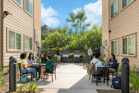 Four girls are sitting at a table outside talking to each other.