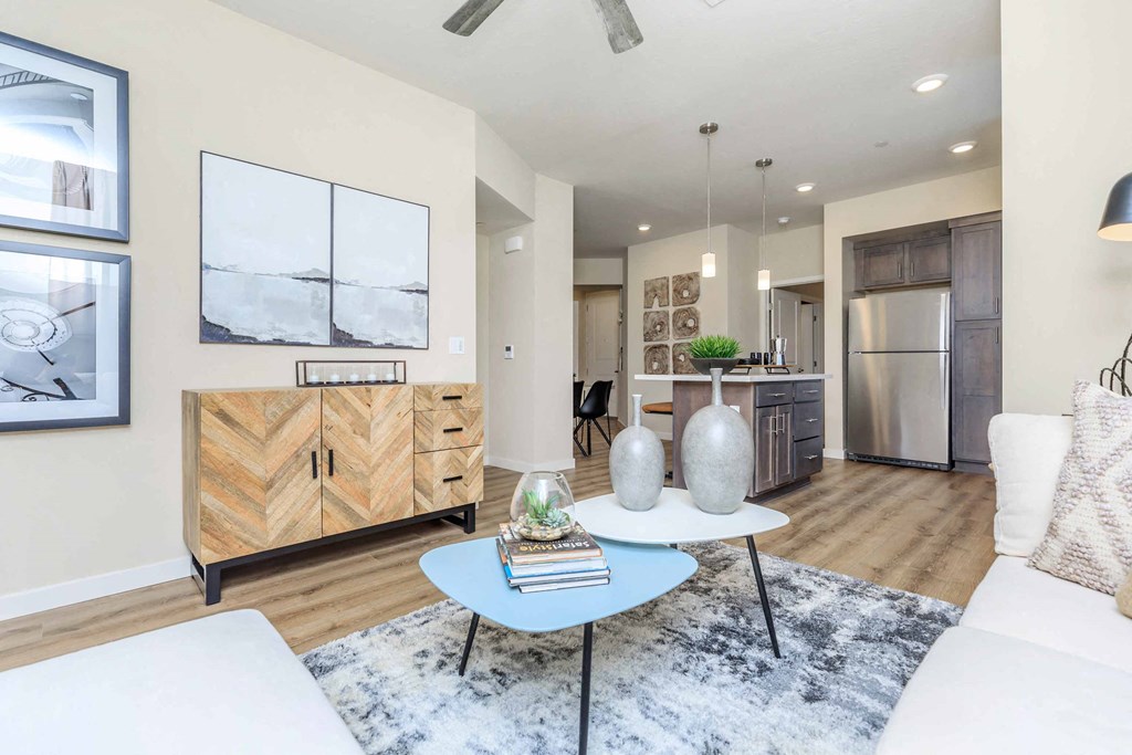 a living room with a couch and a table