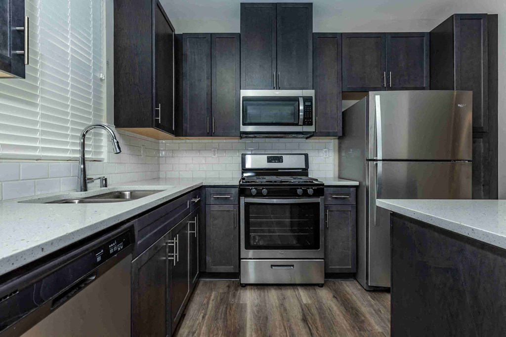 a kitchen with stainless steel appliances and black cabinets