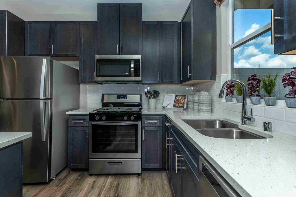 a kitchen with stainless steel appliances and black cabinets