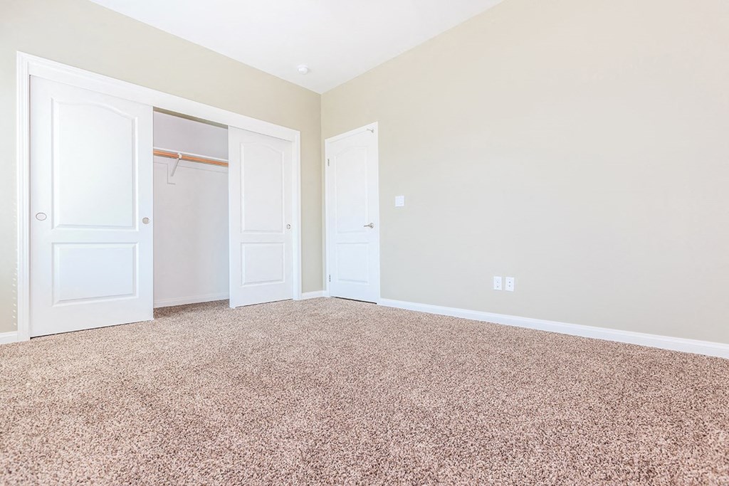 a bedroom with two closets and a carpeted floor