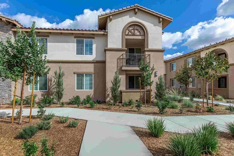 an exterior view of a building with a sidewalk and plants