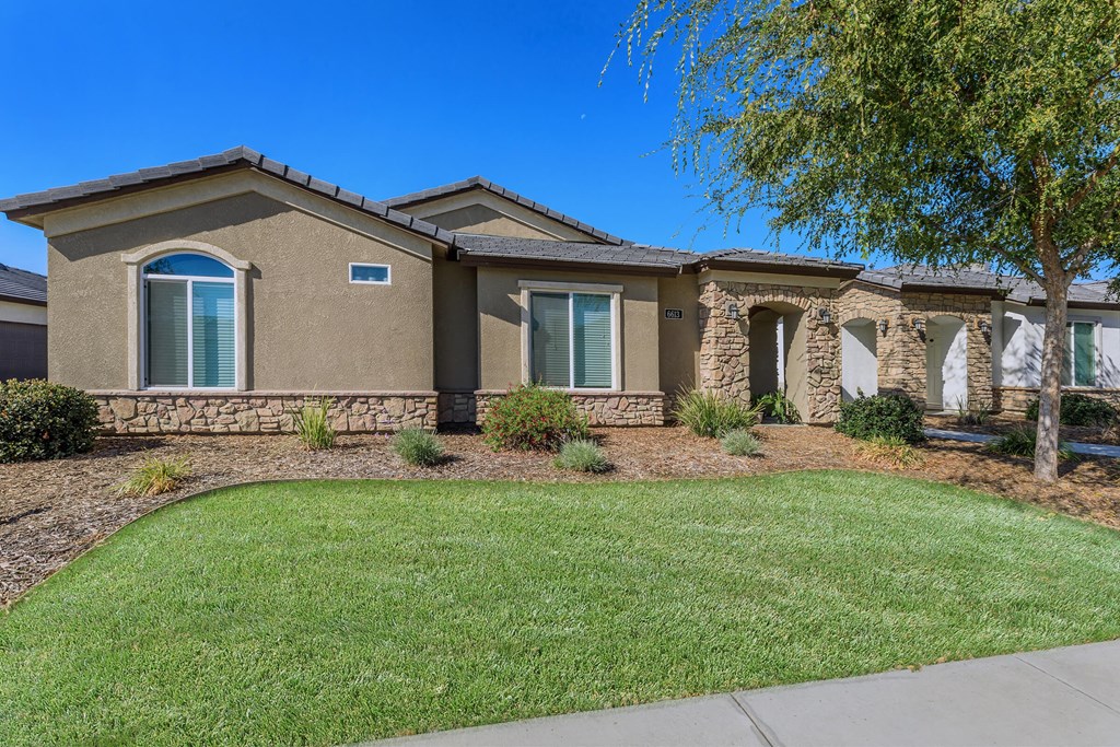 a house with a lawn and a tree in front of it