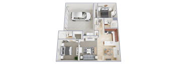 a floor plan of a two bedroom apartment with a car in the garage
