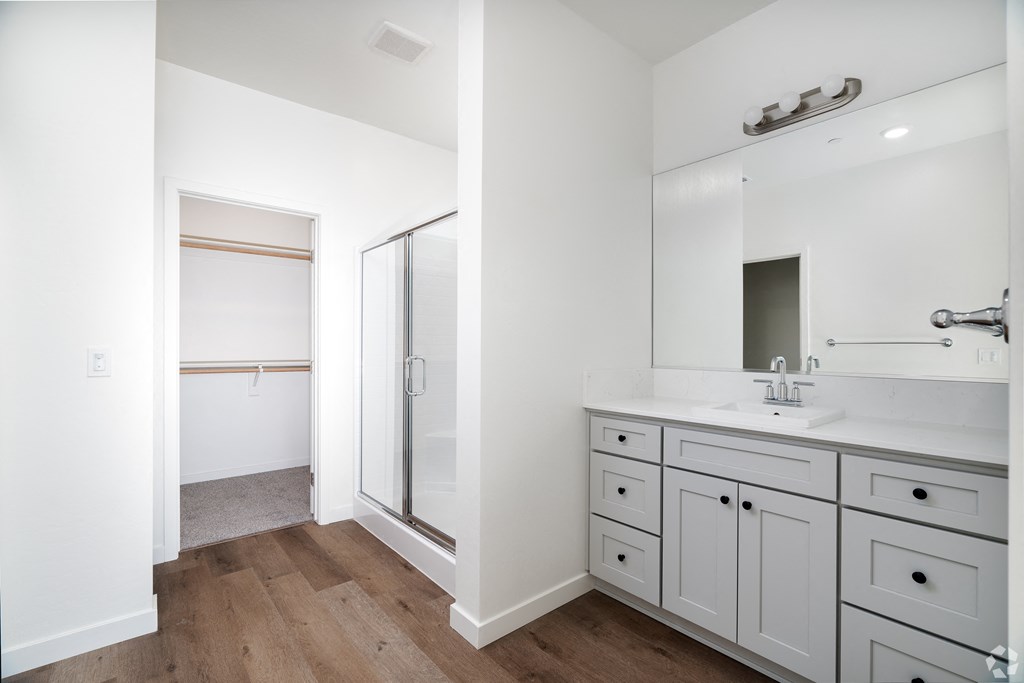 a bathroom with gray cabinets and a sink and a shower