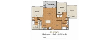 A floor plan for a 3 bedroom, 2 bathroom apartment.