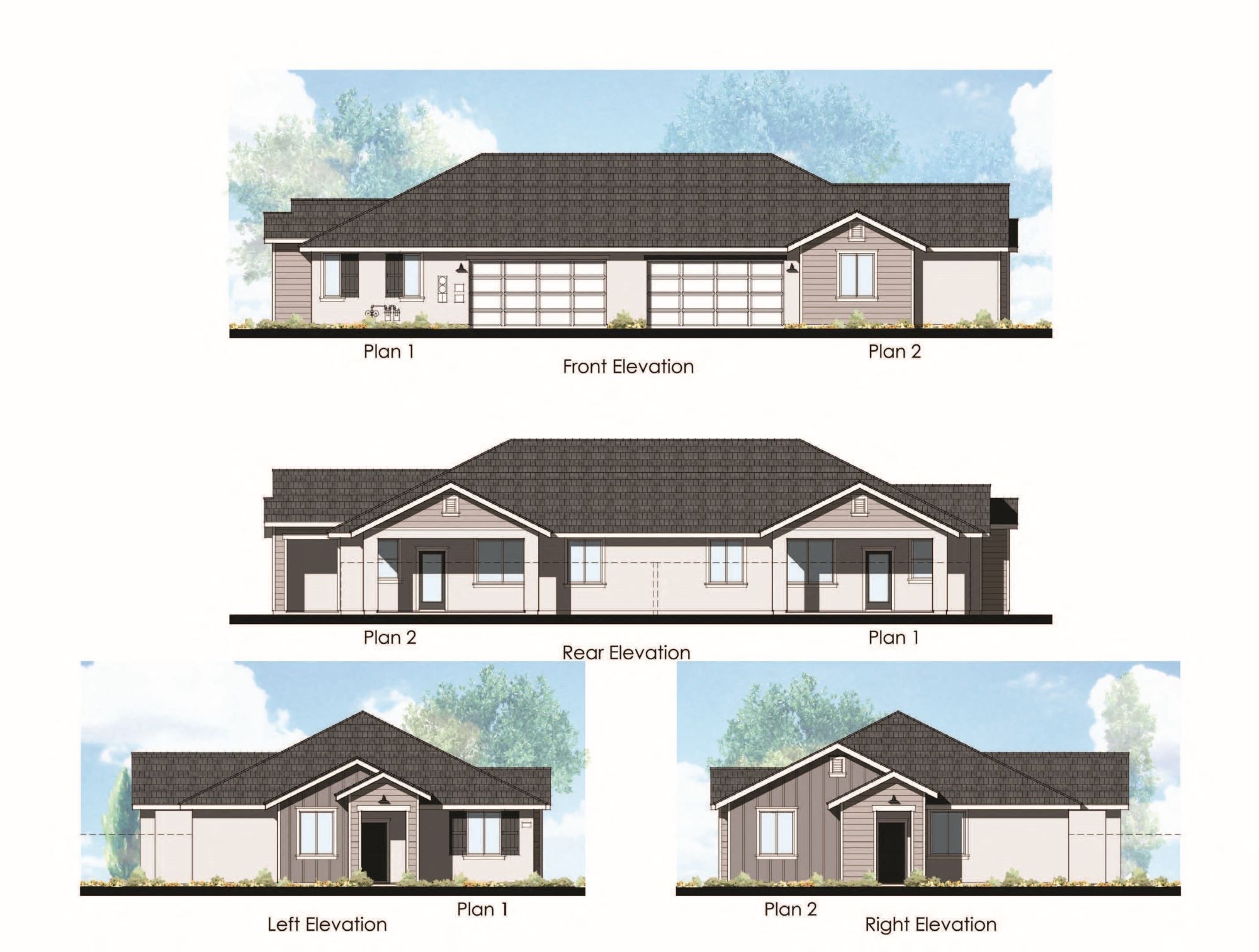 three different views of a house with different parts of the front exterior of the house floor plans