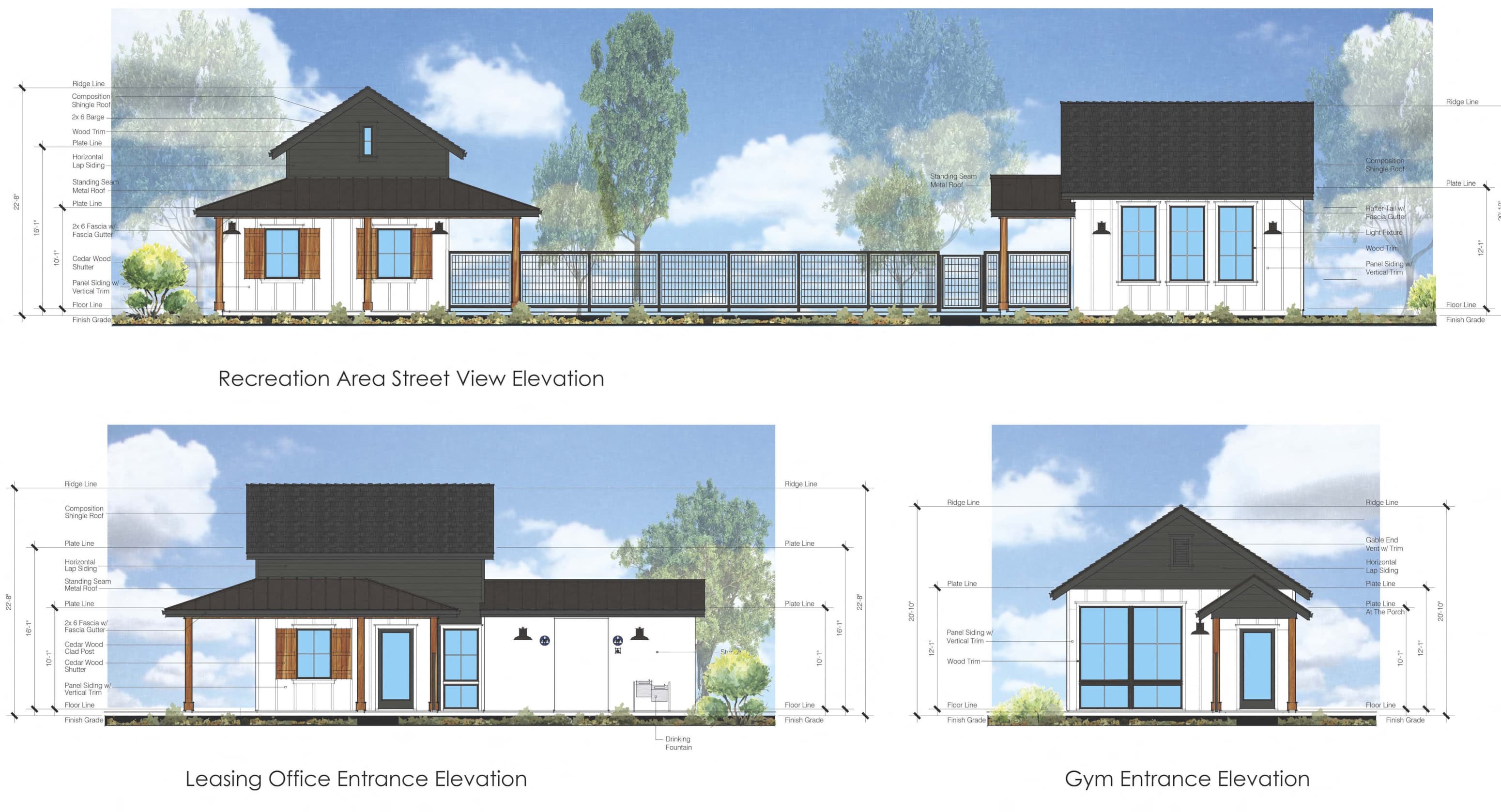 four views of a house with different views of the building and its floor plans