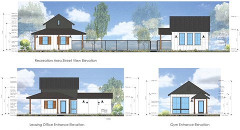 four views of a house with different views of the building and its floor plans