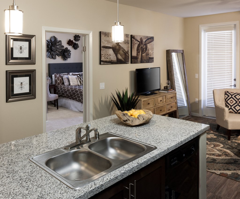 a kitchen with a sink and a granite counter top