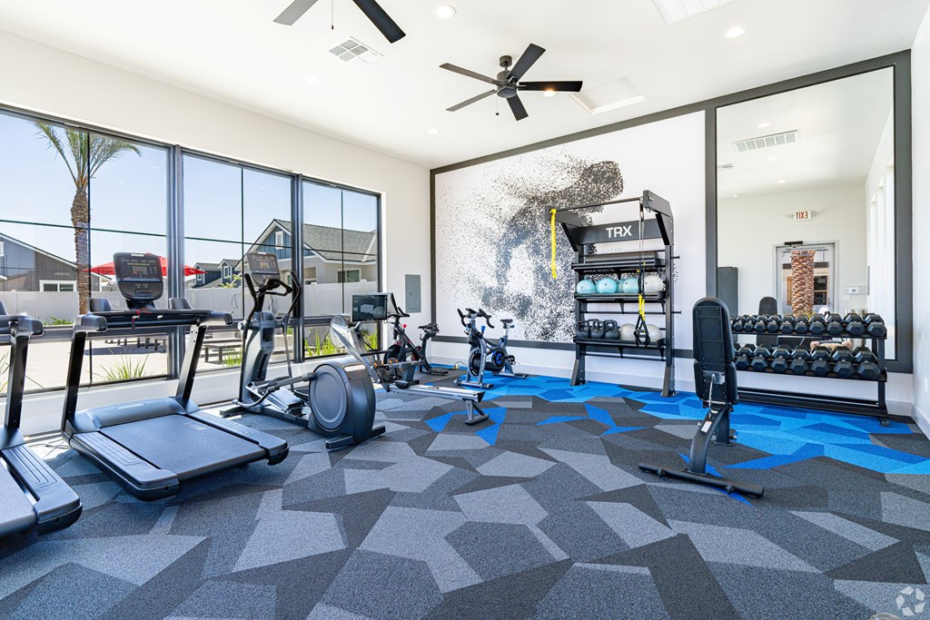 A gym with treadmills, elliptical machines, and a fan.